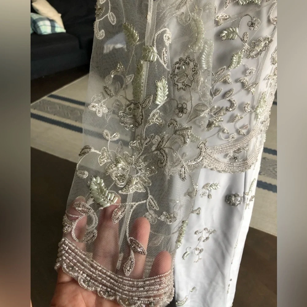 Montage Mon Cheri Gown Baby Blue Light Gray Long Sleeve Beaded Illusion MOB - Picture 9 of 17